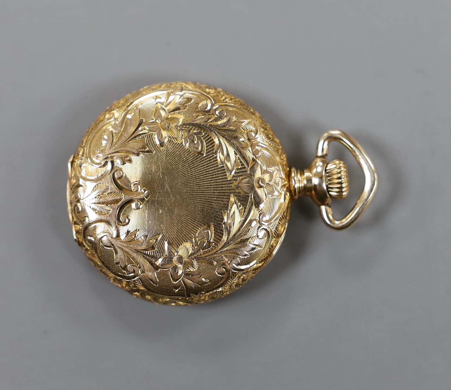 An early 20th century engraved 14k Waltham keyless hunter fob watch, with Arabic dial and engraved inscription